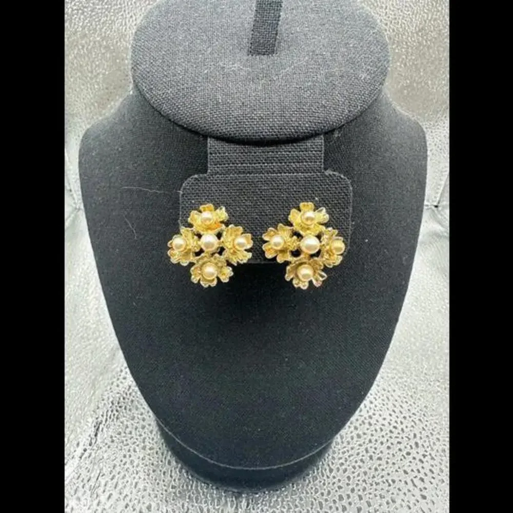 Gold Floral Clip-On Earrings with Pearl Accents
